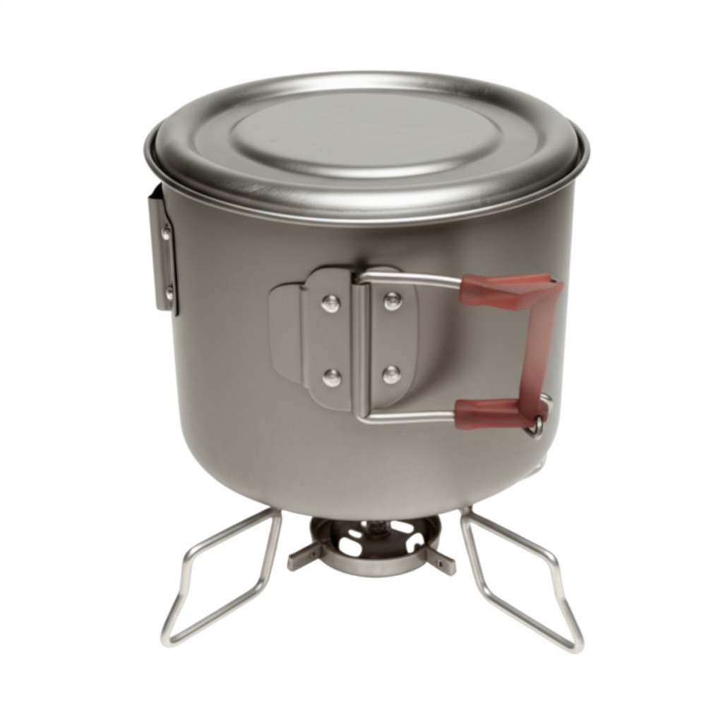 Close-up of titanium camping cookware